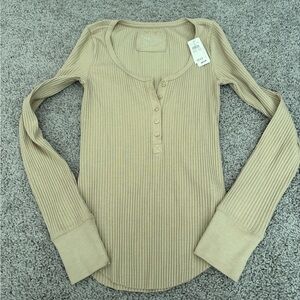 Aerie tan Ribbed Henley Long Sleeve Top - Beige